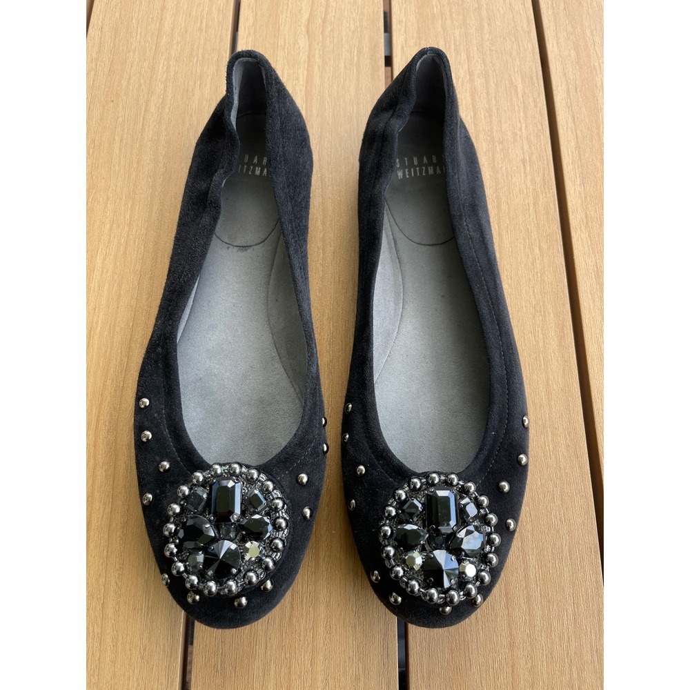Stuart Weitzman Black Suede Crystal Medallion Studded Ballet Flats 9M